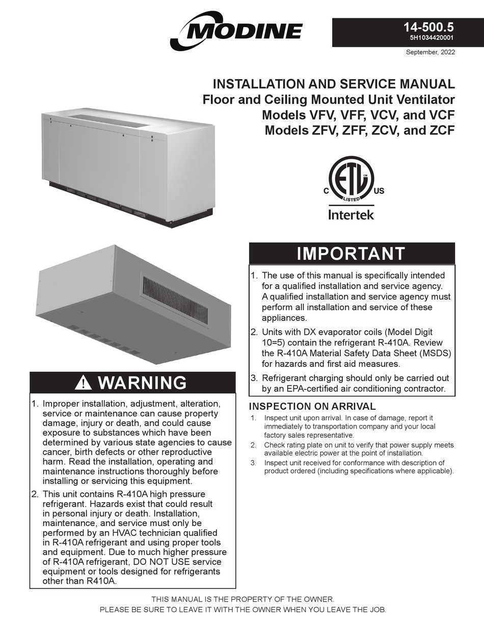 MODINE MANUFACTURING VFV INSTALLATION AND SERVICE MANUAL Pdf Download ...