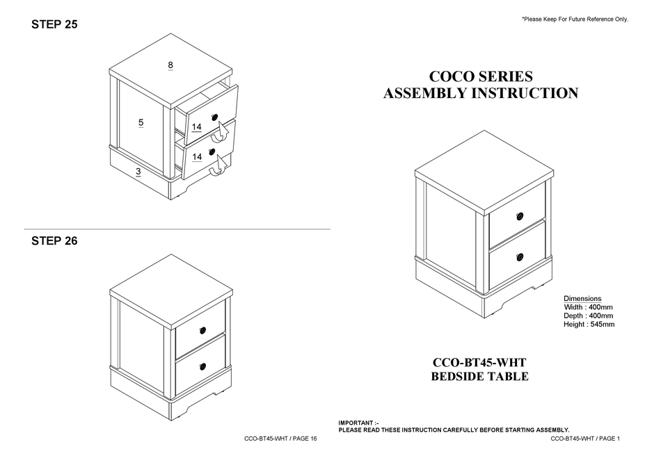 ELIVING FURNITURE COCO CCOBT45WHT ASSEMBLY INSTRUCTION MANUAL Pdf