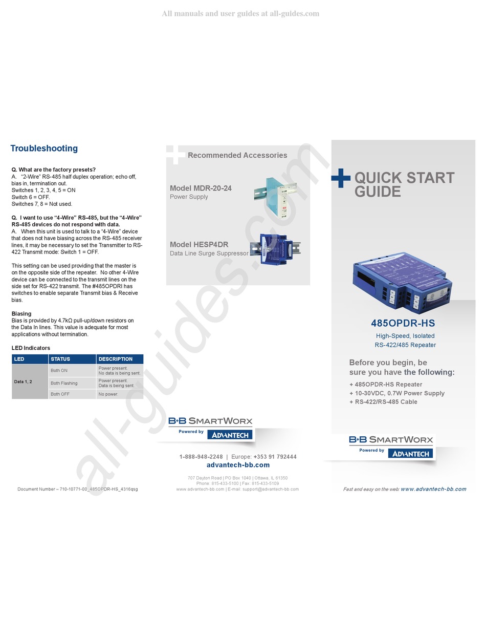 ADVANTECH B+B SMARTWORX 485OPDR-HS QUICK START MANUAL Pdf Download ...