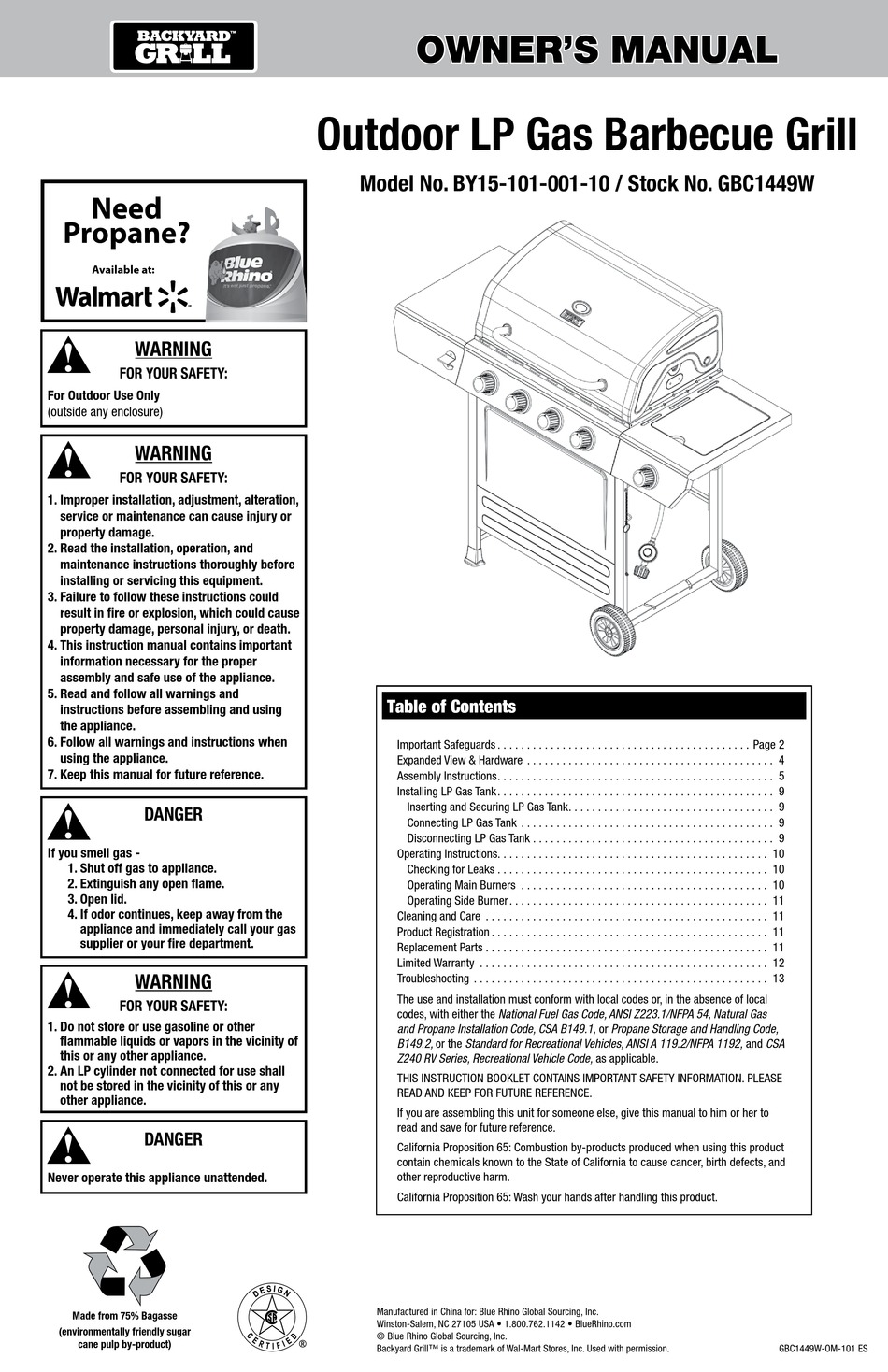 BLUE RHINO BACKYARD GRILL BYI 5-101-001-10 OWNER'S MANUAL Pdf Download