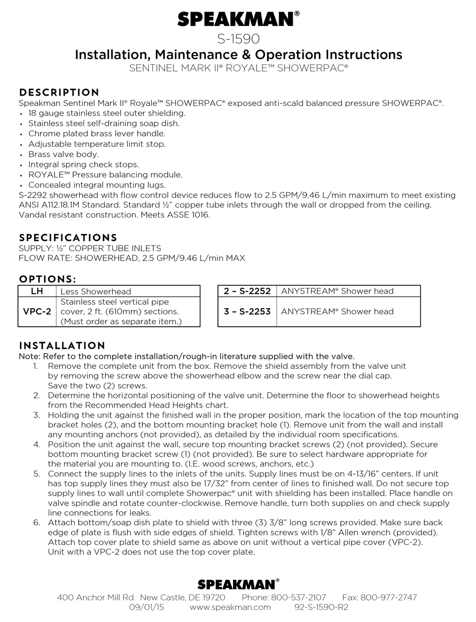 SPEAKMAN SENTINEL MARK II ROYALE SHOWERPAC S-1590 INSTALLATION ...