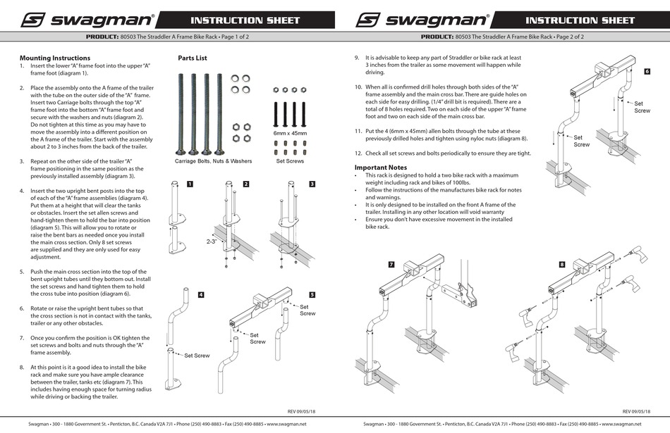 SWAGMAN 80503 INSTRUCTION SHEET Pdf Download ManualsLib