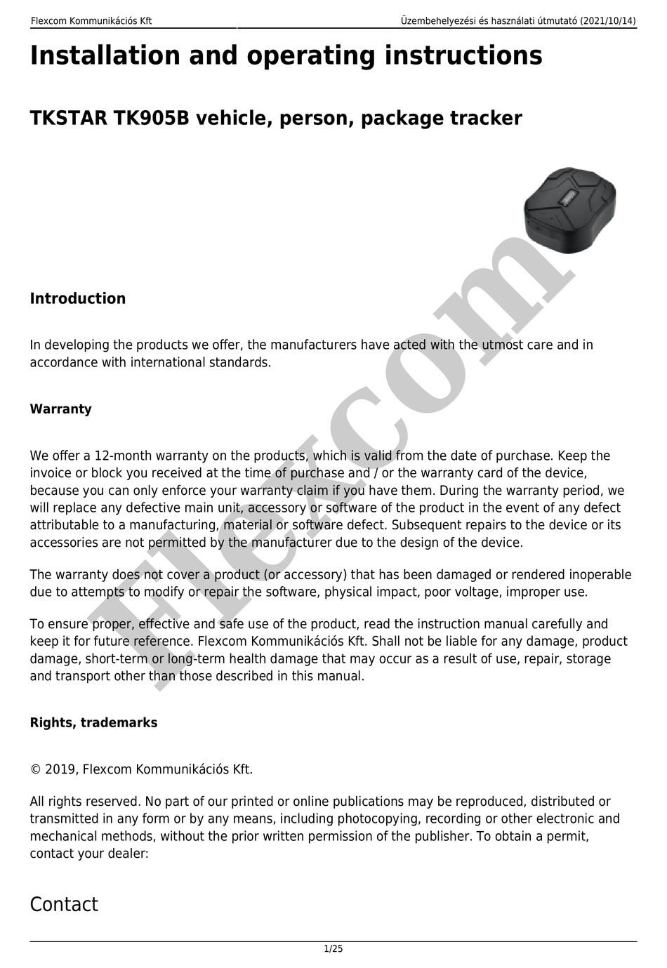 TKSTAR TK905B INSTALLATION AND OPERATING INSTRUCTIONS MANUAL