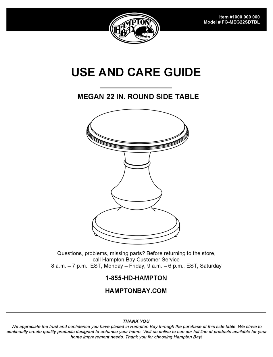 HAMPTON BAY MEGAN FGMEG22SDTBL USE AND CARE MANUAL Pdf Download