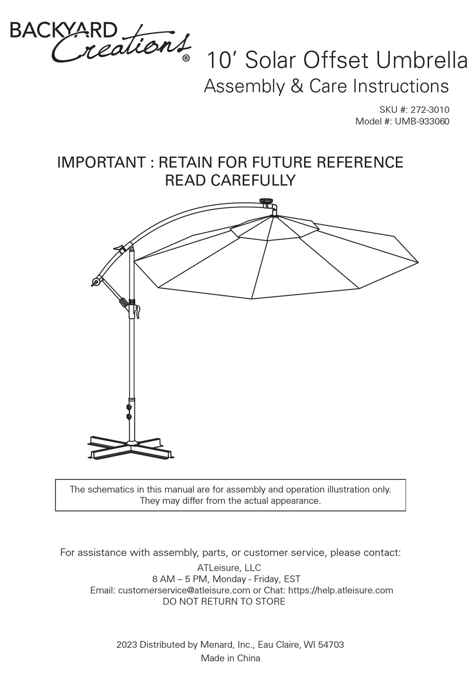 BACKYARD CREATIONS UMB933060 ASSEMBLY & CARE INSTRUCTIONS Pdf Download
