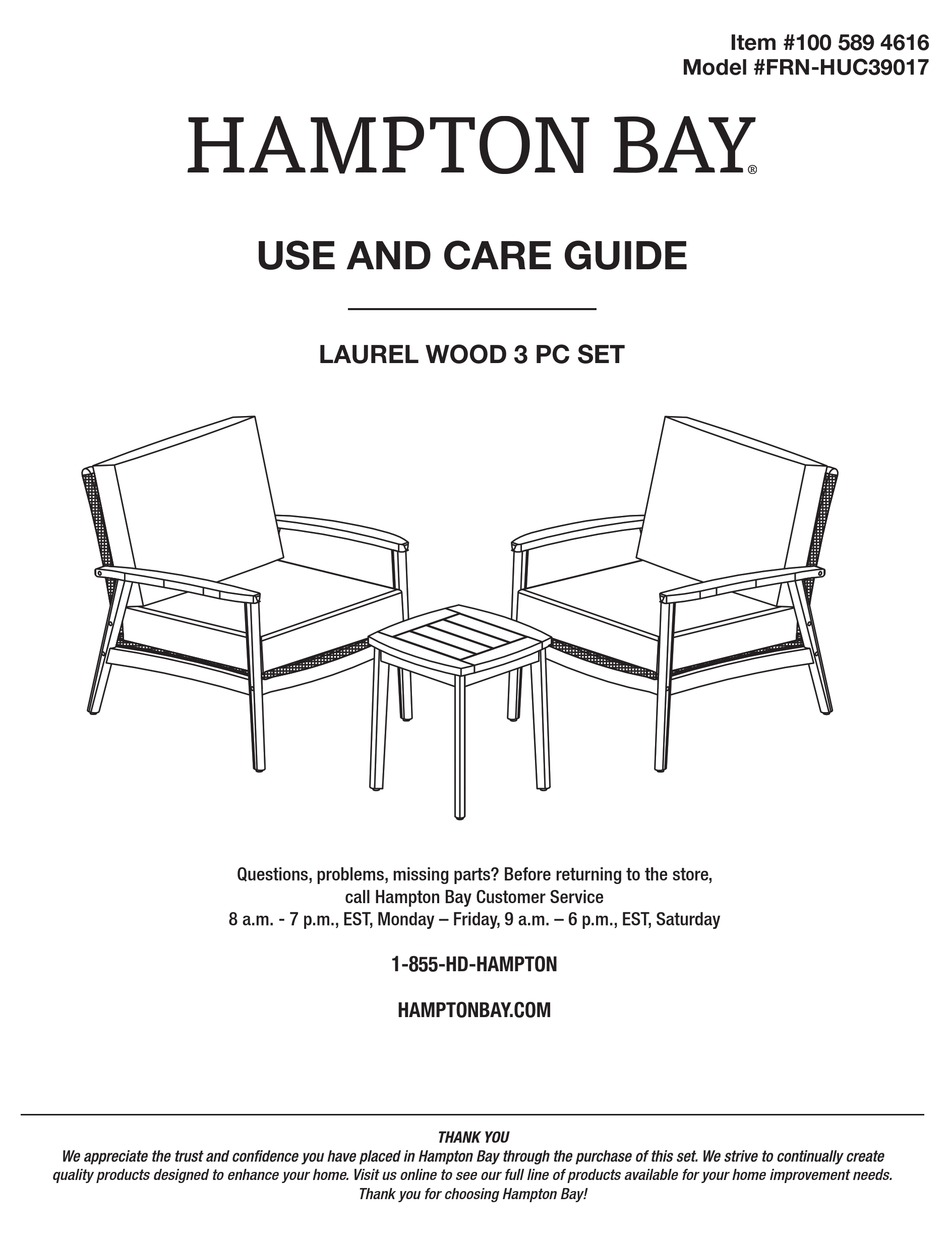 HAMPTON BAY LAUREL FRNHUC39017 USE AND CARE MANUAL Pdf Download