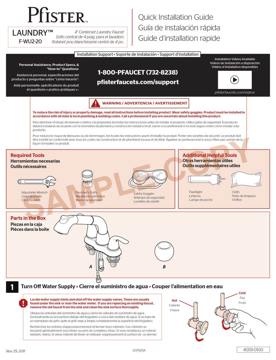 PFISTER LAUNDRY F WU2 20 QUICK INSTALLATION MANUAL Pdf Download   Pfister Laundry F Wu2 20 