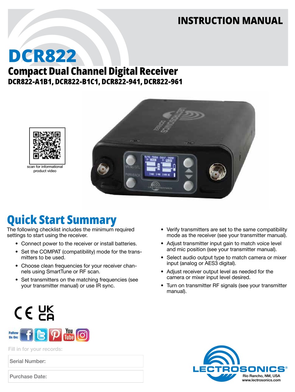 LECTROSONICS DCR822-A1B1 INSTRUCTION MANUAL Pdf Download | ManualsLib