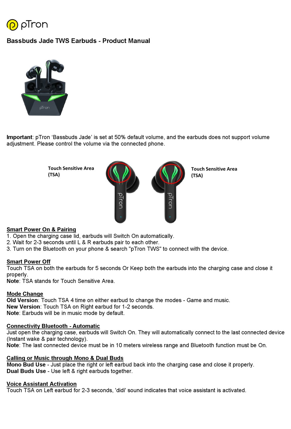 PTRON BASSBUDS JADE PRODUCT MANUAL Pdf Download ManualsLib