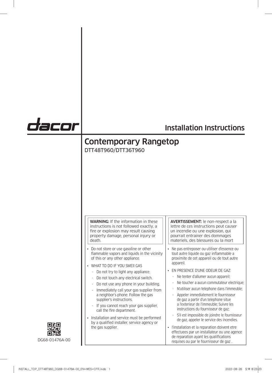DACOR DTT48T960 INSTALLATION INSTRUCTIONS MANUAL Pdf Download ManualsLib