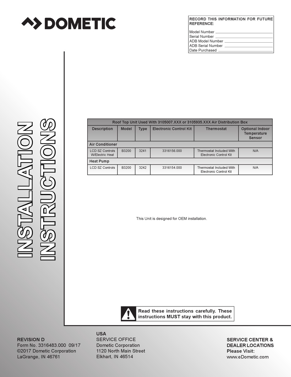 DOMETIC B3200 INSTALLATION INSTRUCTIONS MANUAL Pdf Download | ManualsLib