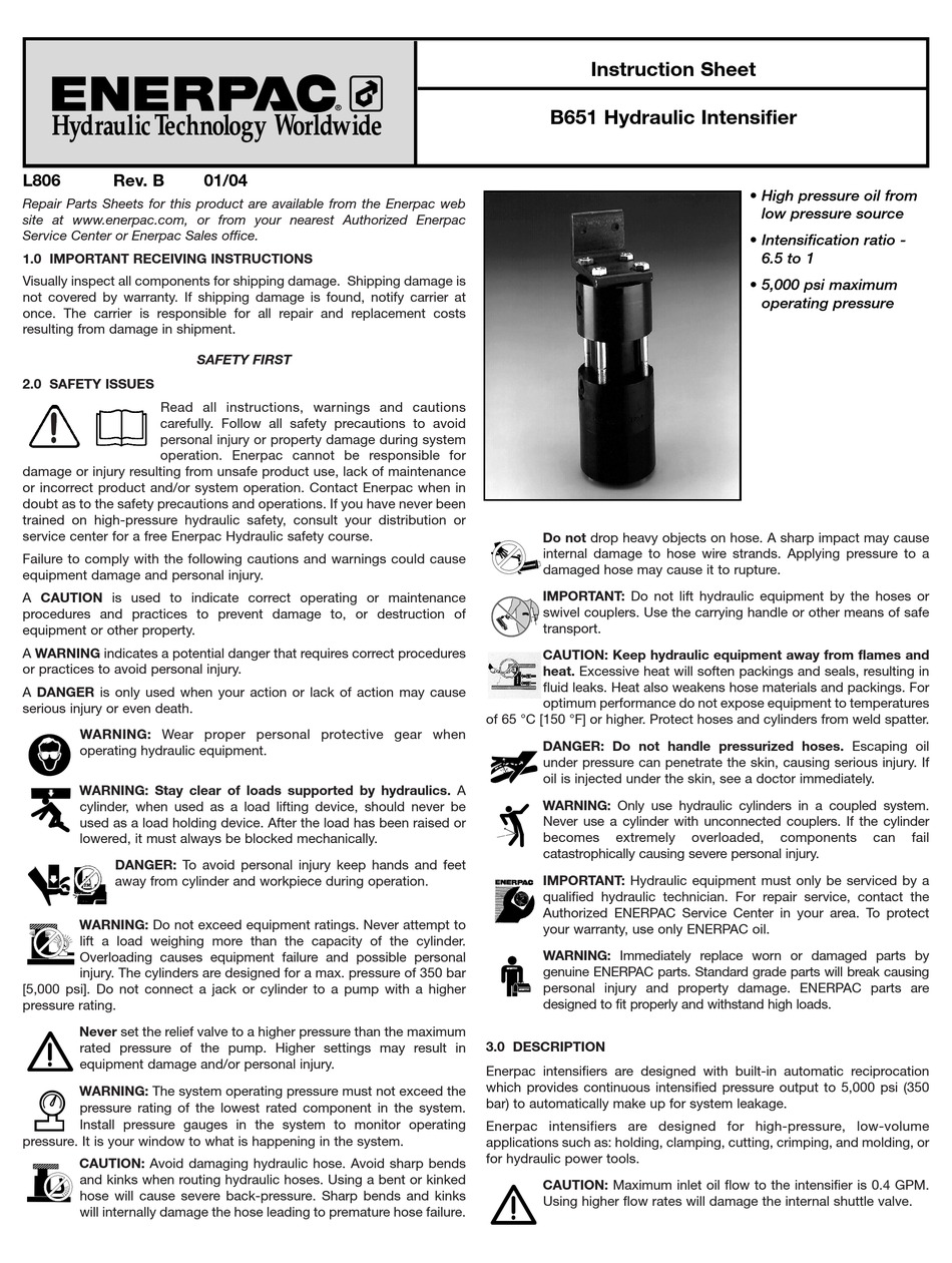 ENERPAC B651 INSTRUCTION SHEET Pdf Download ManualsLib