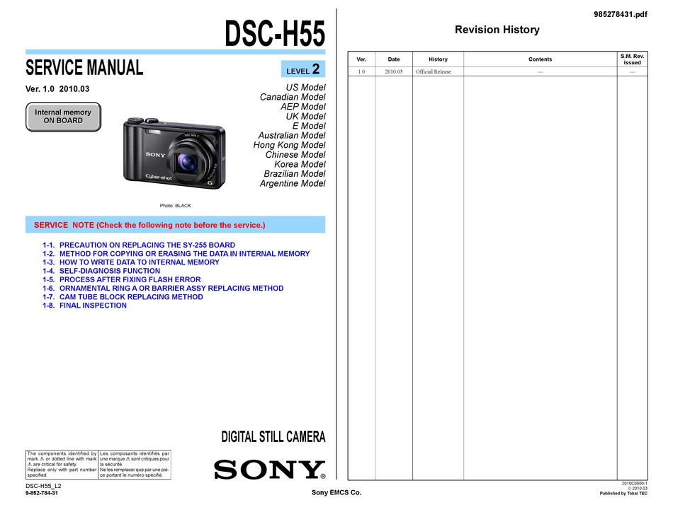 SONY CYBERSHOT DSCH55 SERVICE MANUAL Pdf Download ManualsLib