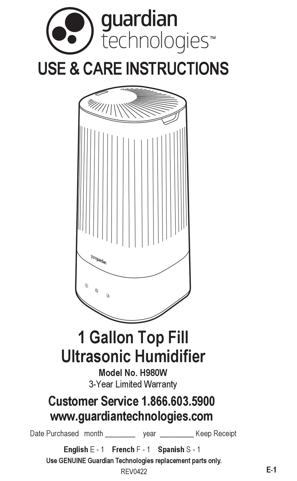 GUARDIAN PUREGUARDIAN H980W USE & CARE INSTRUCTIONS MANUAL Pdf Download