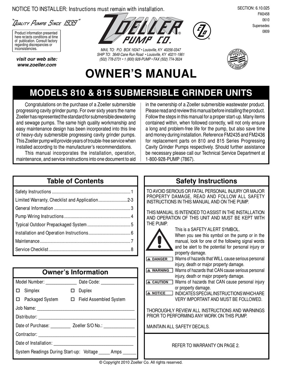 ZOELLER 810 OWNER'S MANUAL Pdf Download | ManualsLib