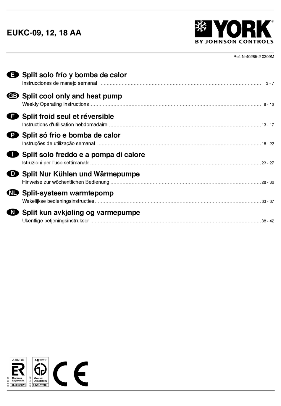 JOHNSON CONTROLS YORK EUKC09 AA OPERATING INSTRUCTIONS MANUAL Pdf