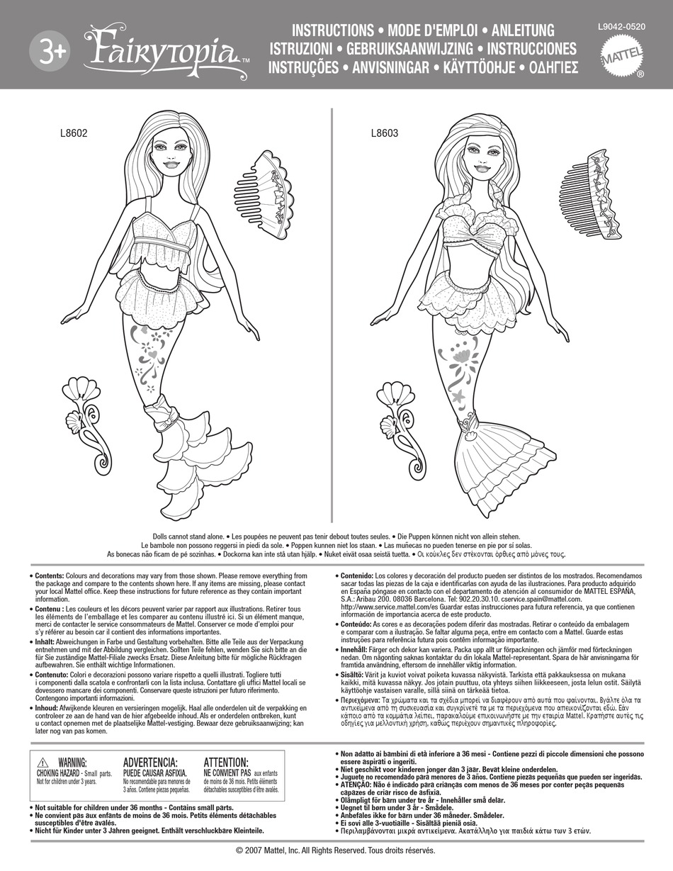 MATTEL BARBIE FAIRYTOPIA COLOR CHANGE MERMAID ASSORTMENT INSTRUCTIONS