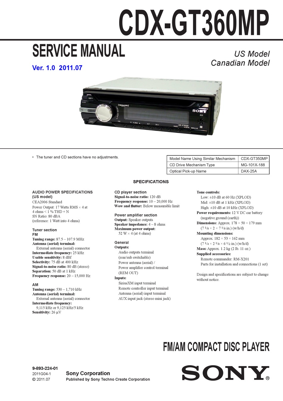 SONY CDXGT360MP SERVICE MANUAL Pdf Download ManualsLib
