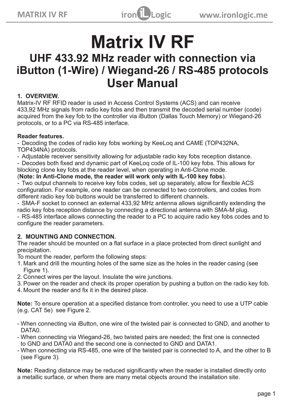 IRONLOGIC MATRIX-IV RF USER MANUAL Pdf Download | ManualsLib