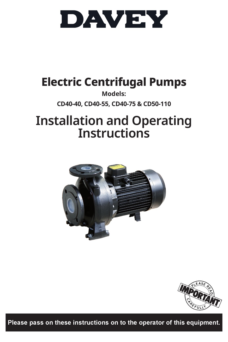 DAVEY CD4040 INSTALLATION AND OPERATING INSTRUCTIONS MANUAL Pdf