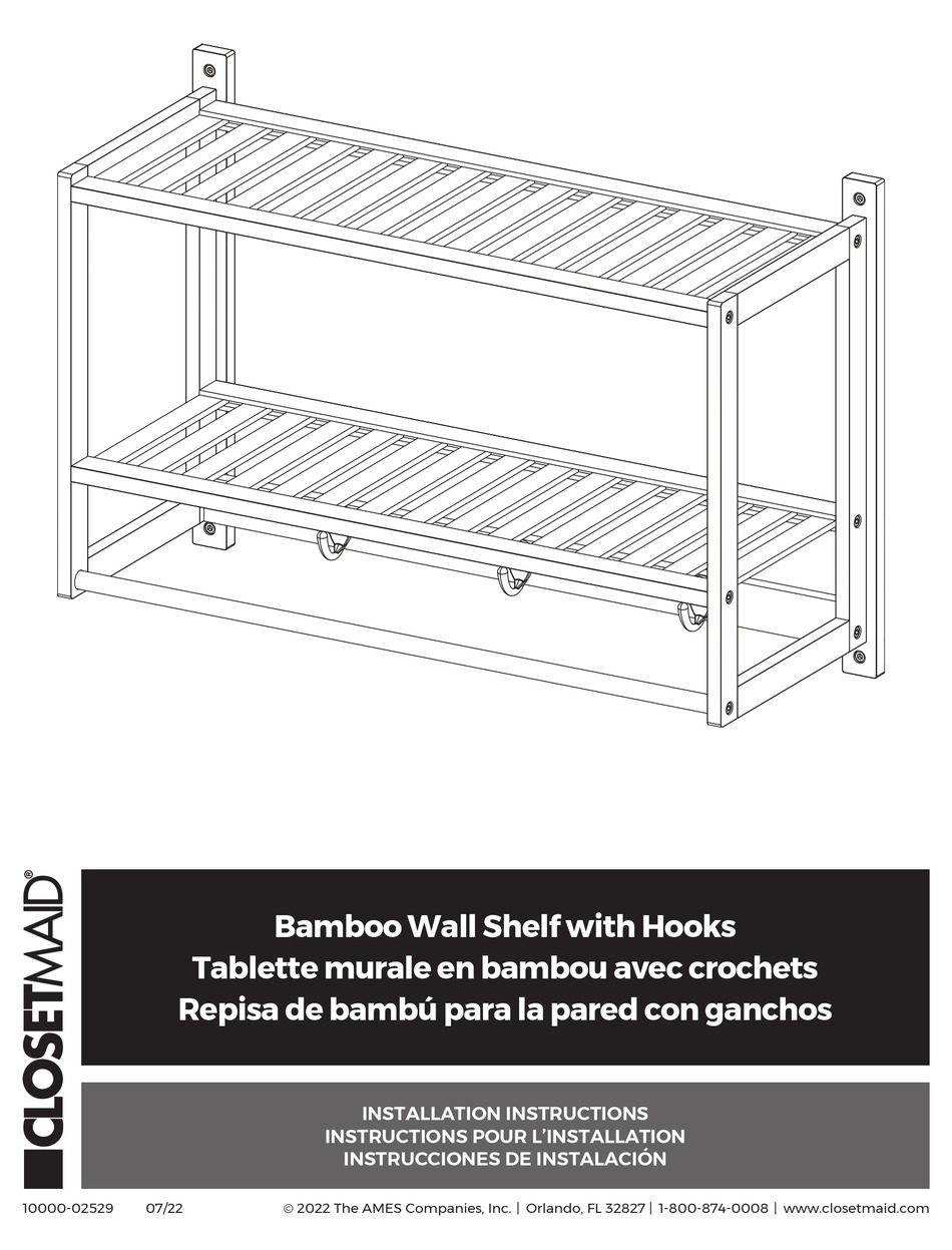 AMES CLOSETMAID BAMBOO WALL SHELF WITH HOOKS INSTALLATION INSTRUCTIONS