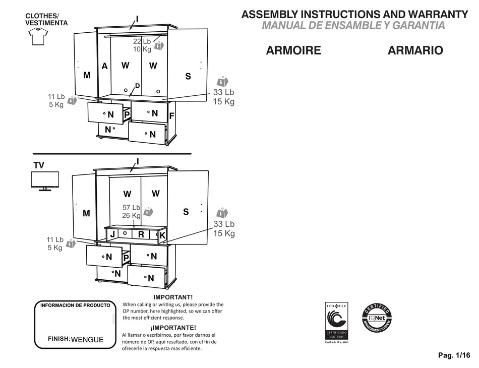 INVAL ARMOIRE AM13923 ASSEMBLY INSTRUCTIONS AND WARRANTY Pdf Download ManualsLib