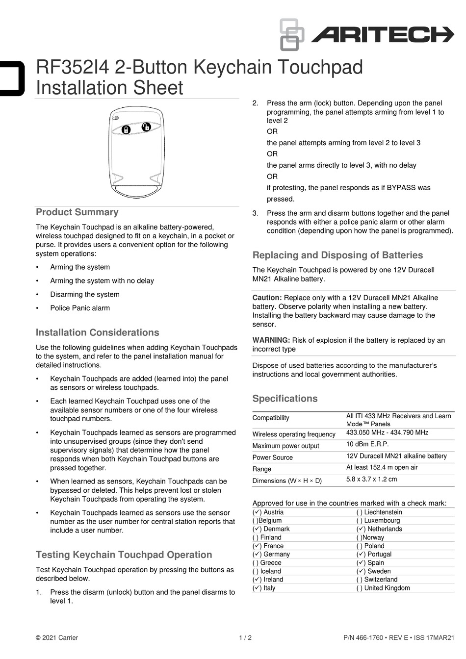 ARITECH RF352I4 INSTALLATION SHEET Pdf Download ManualsLib
