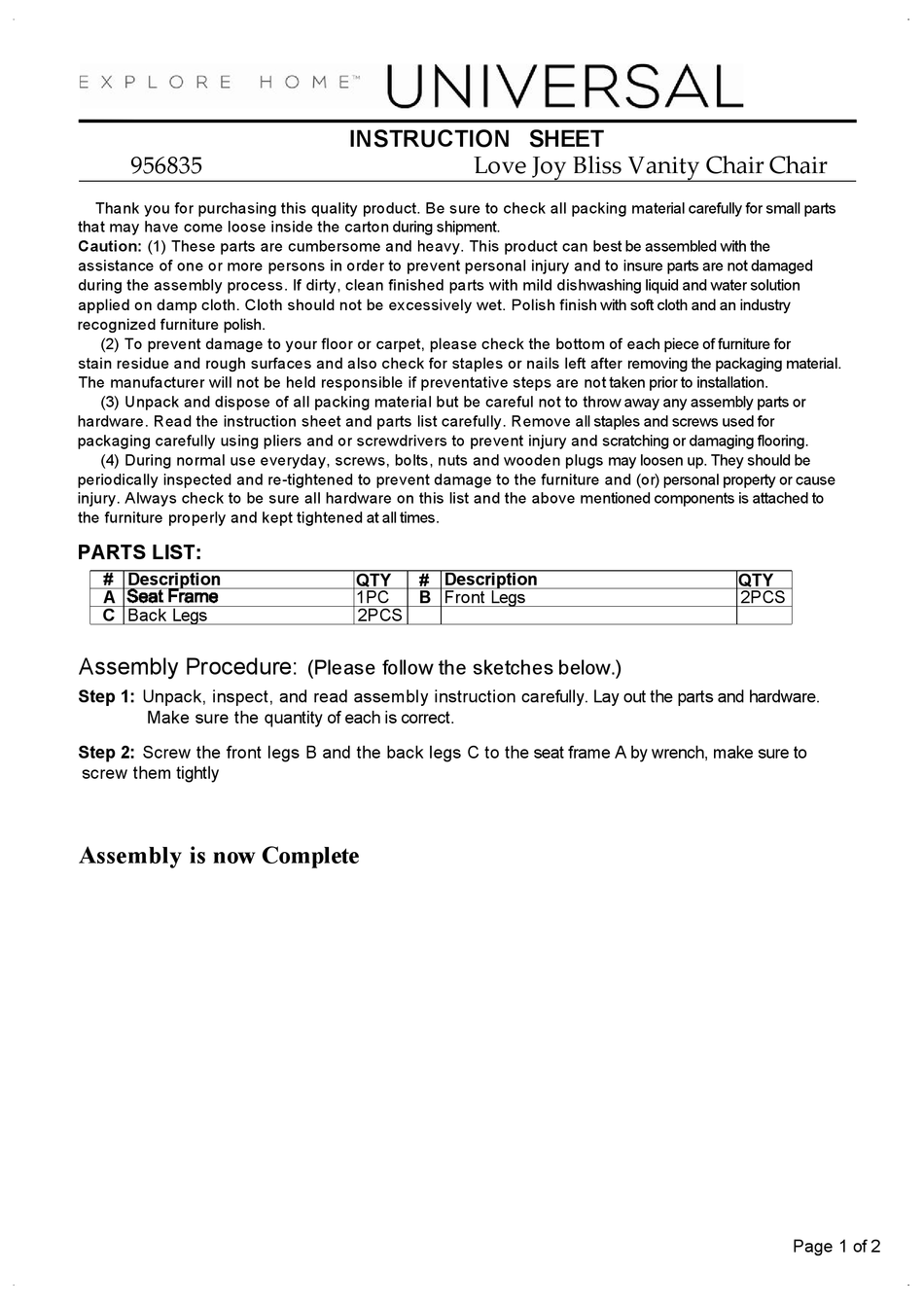 UNIVERSAL FURNITURE EXPLORE HOME LOVE JOY BLISS 956835 INSTRUCTION