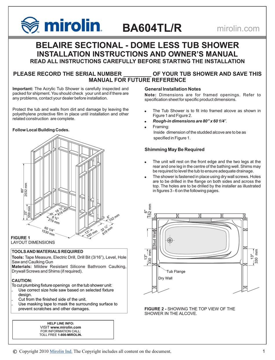MIROLIN BA604TL/R INSTALLATION INSTRUCTIONS AND OWNER'S MANUAL Pdf