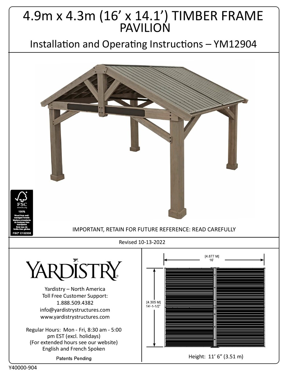 YARDISTRY YM12904 INSTALLATION AND OPERATING INSTRUCTIONS MANUAL Pdf