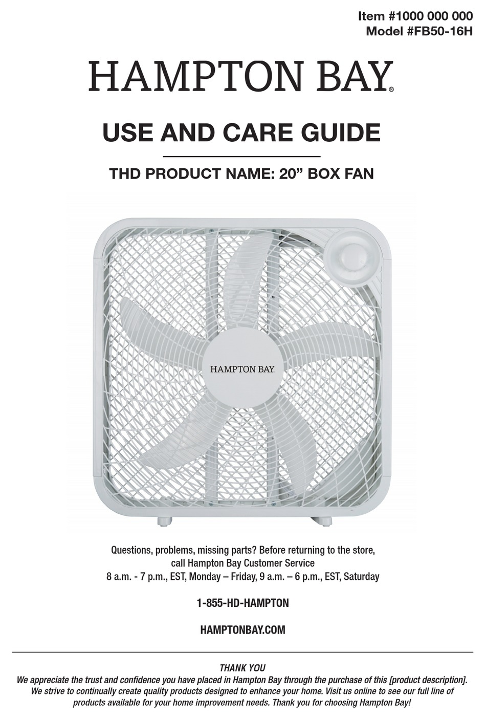 HAMPTON BAY FB5016H USE AND CARE MANUAL Pdf Download ManualsLib