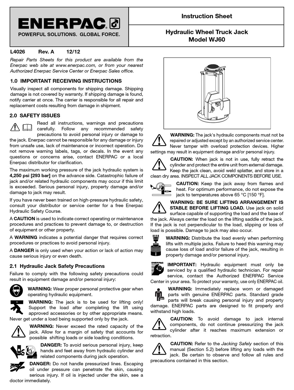 ENERPAC WJ60 INSTRUCTION SHEET Pdf Download | ManualsLib