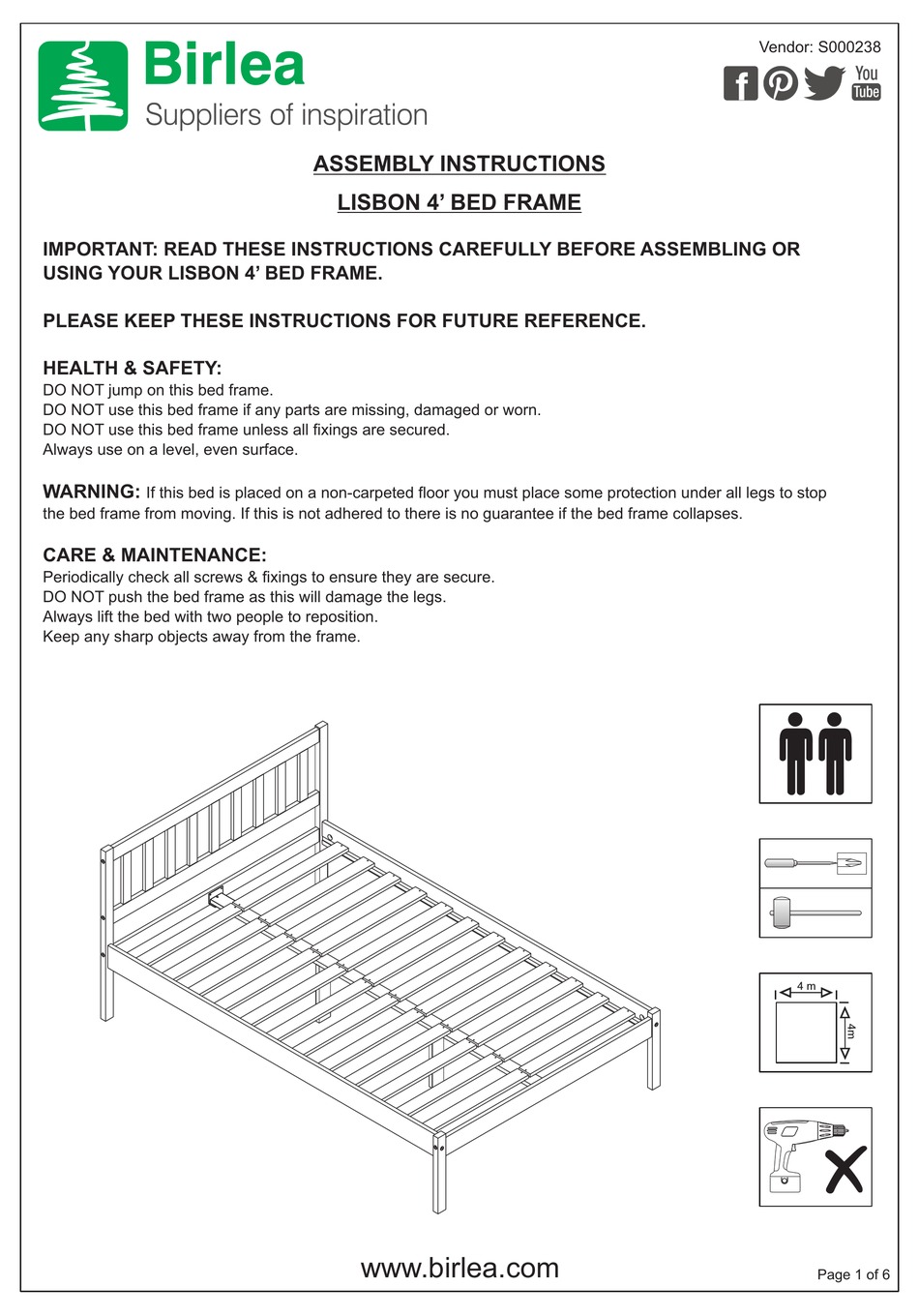 BIRLEA LISBON 4' BED FRAME ASSEMBLY INSTRUCTIONS MANUAL Pdf Download