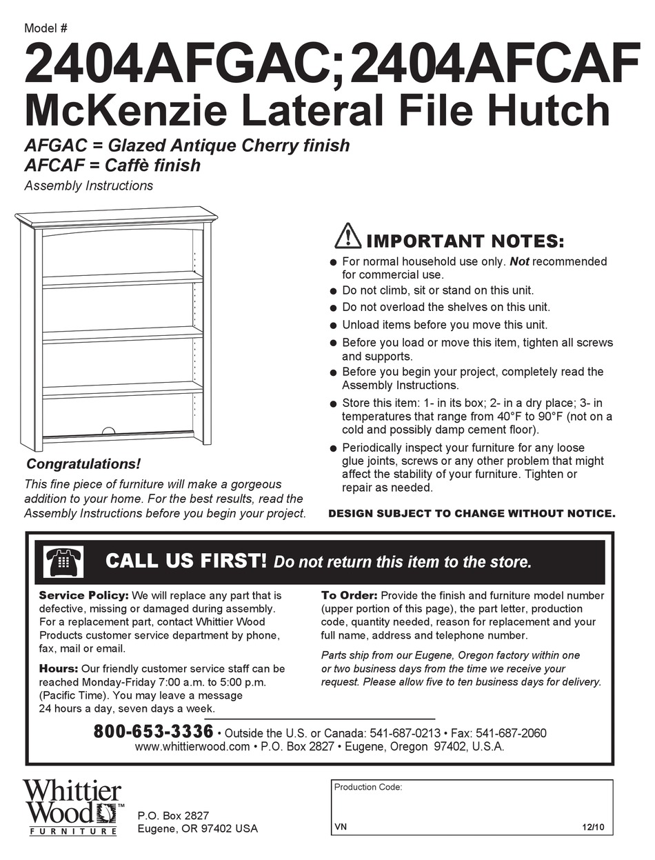 WHITTIER WOOD FURNITURE MCKENZIE LATERAL FILE HUTCH 2404AFGAC ASSEMBLY