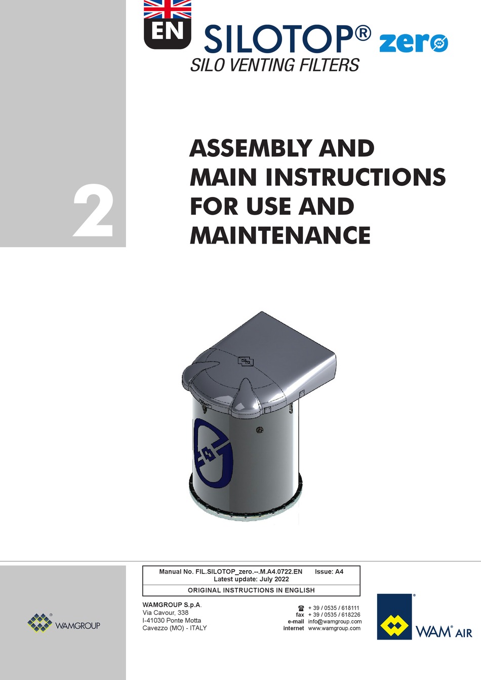 WAM SILOTOP ZERO ASSEMBLY AND MAIN INSTRUCTIONS FOR USE AND MAINTENANCE