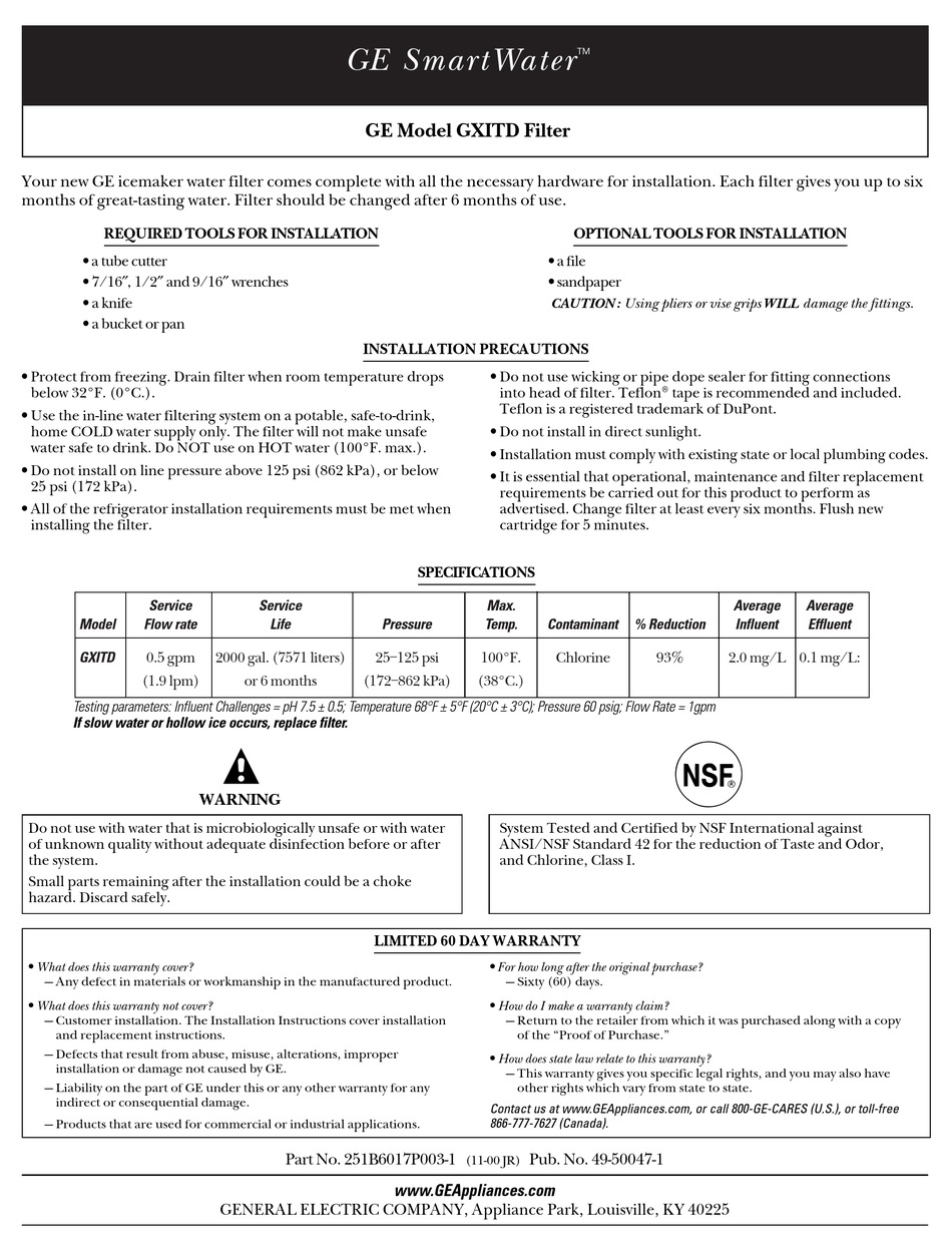 GE SMARTWATER GXITD QUICK START MANUAL Pdf Download ManualsLib