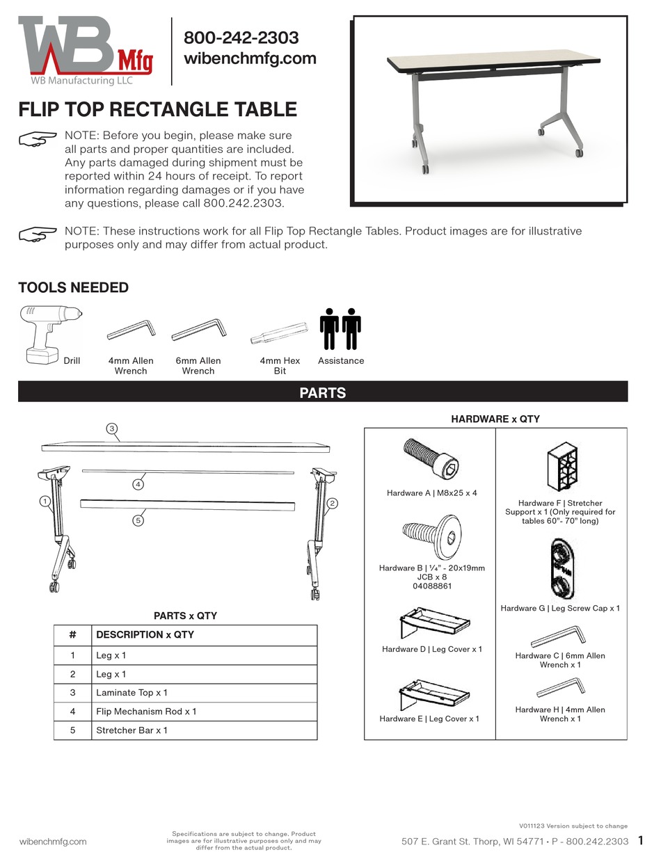 WB MFG FLIP TOP RECTANGLE TABLE MANUAL Pdf Download ManualsLib