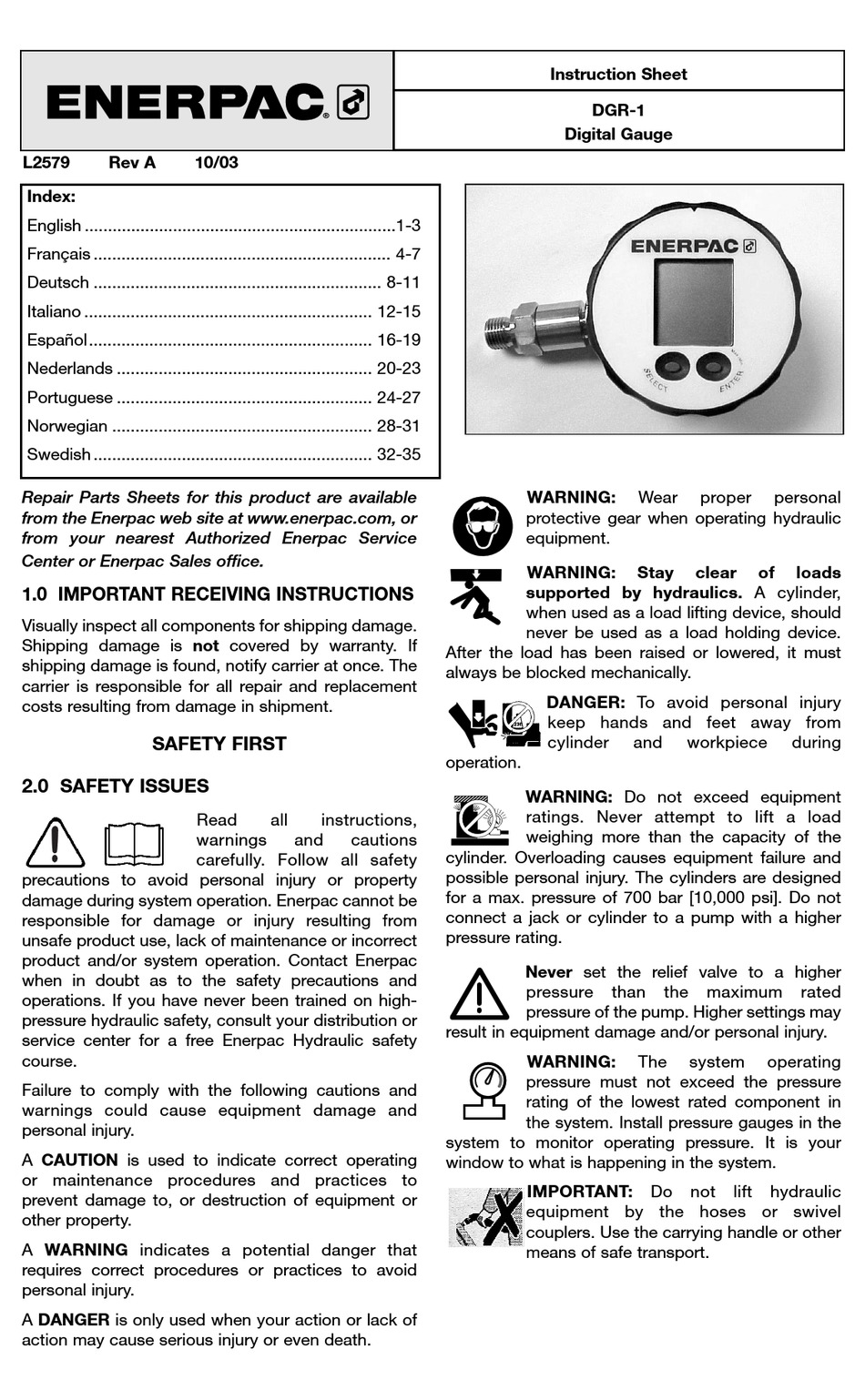 ENERPAC DGR-1 INSTRUCTION SHEET Pdf Download | ManualsLib