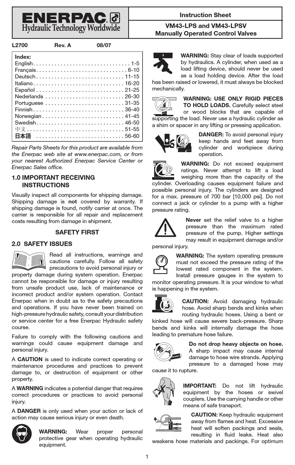 ENERPAC VM43-LPS INSTRUCTION SHEET Pdf Download | ManualsLib