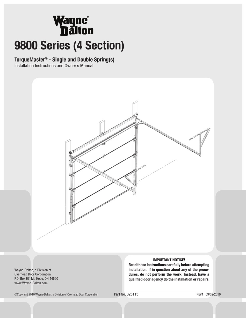 Wayne Dalton Torquemaster 9800 Series Installation Instructions And Owners Manual Pdf Download