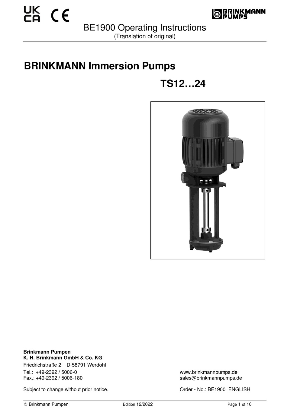BRINKMANN PUMPS TS12 / 110 OPERATING INSTRUCTIONS MANUAL Pdf Download ...
