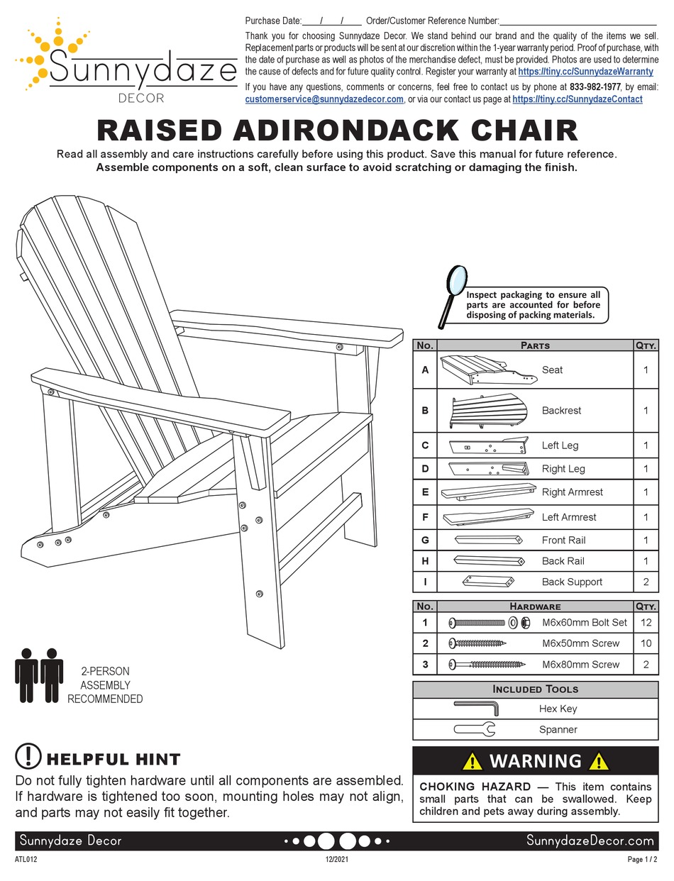 SUNNYDAZE DECOR RAISED ADIRONDACK CHAIR ASSEMBLY INSTRUCTIONS Pdf