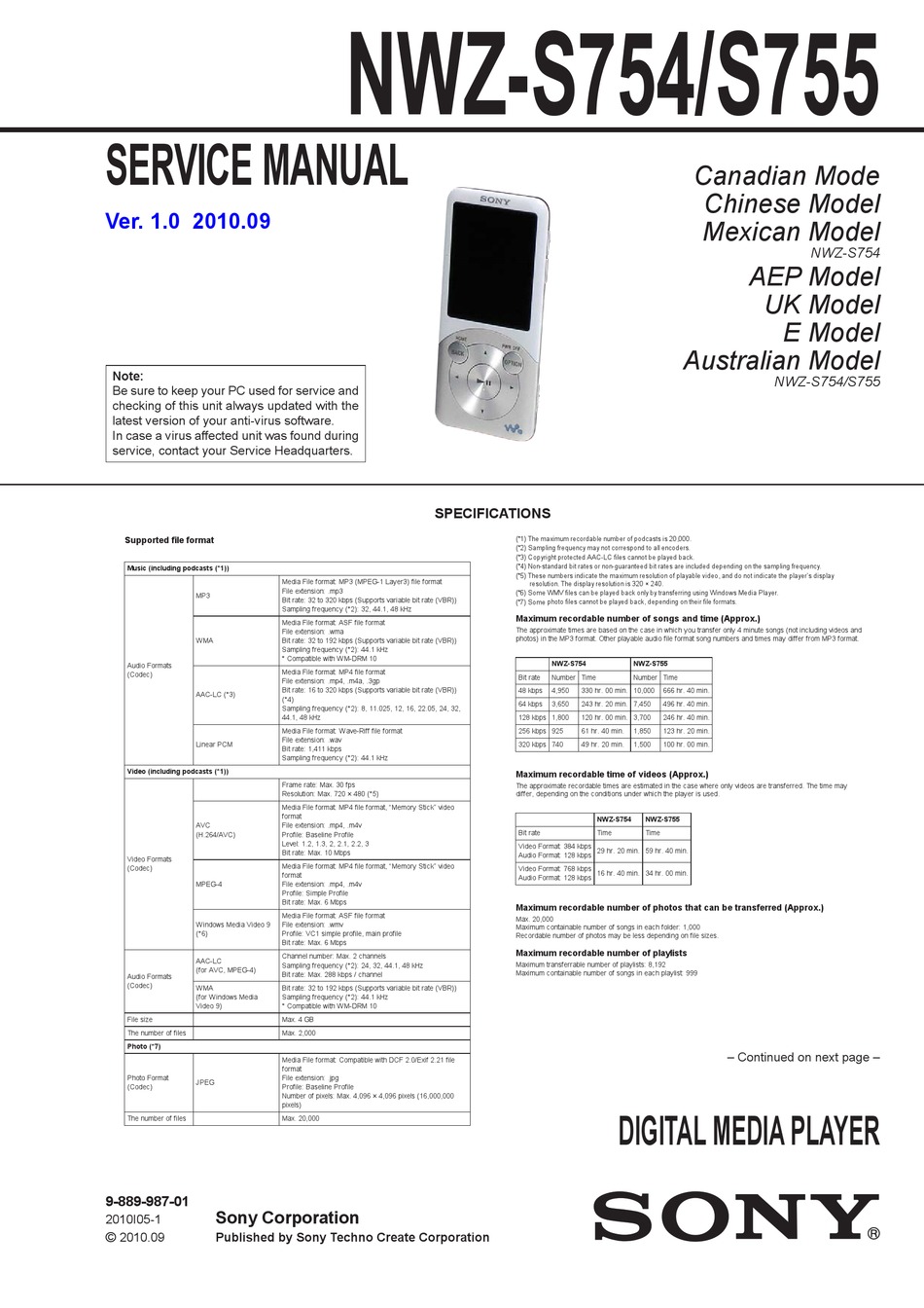 SONY NWZS754 SERVICE MANUAL Pdf Download ManualsLib