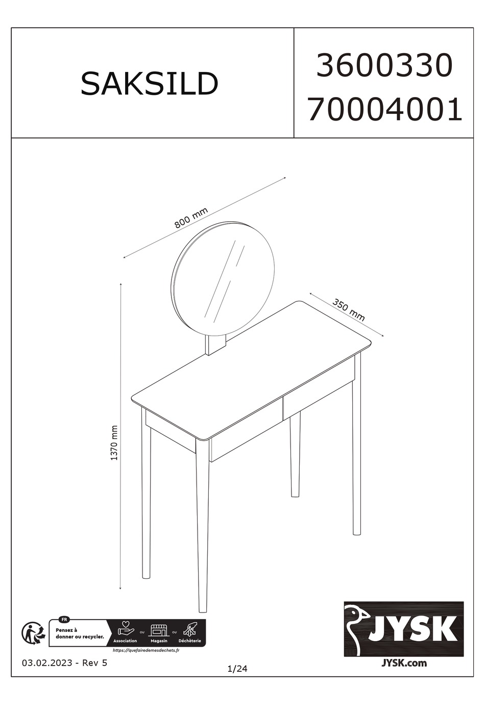 JYSK SAKSILD 3600330 70004001 MANUAL Pdf Download ManualsLib