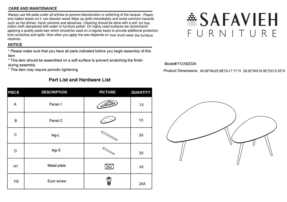 SAFAVIEH FURNITURE SAFFRON SPILT FOX8203A ASSEMBLY INSTRUCTIONS Pdf