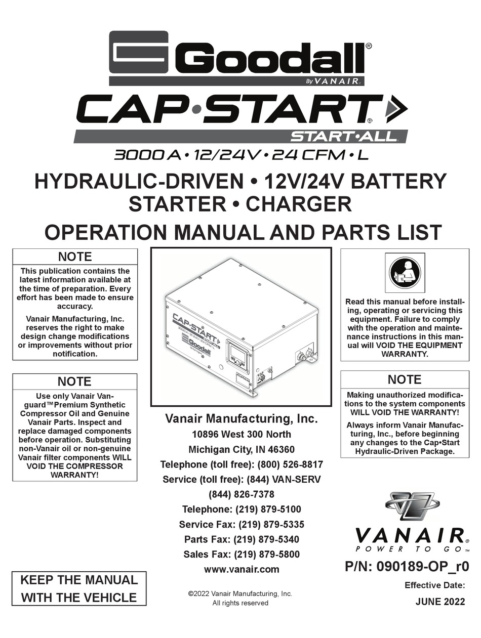 VANAIR GOODALL CAPSTART OPERATION MANUAL AND PARTS LIST Pdf Download
