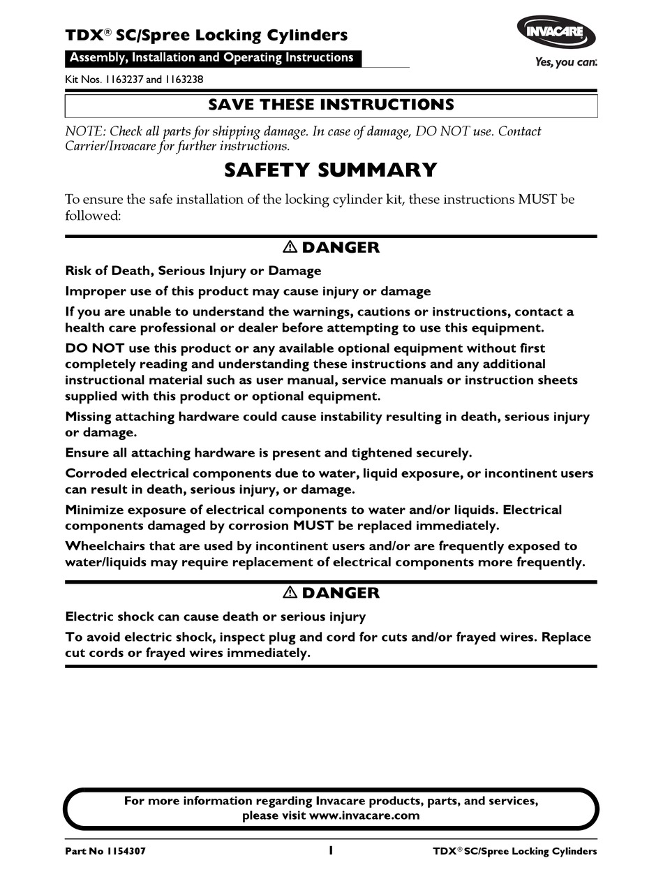 INVACARE 1163237 ASSEMBLY, INSTALLATION AND OPERATING INSTRUCTIONS Pdf