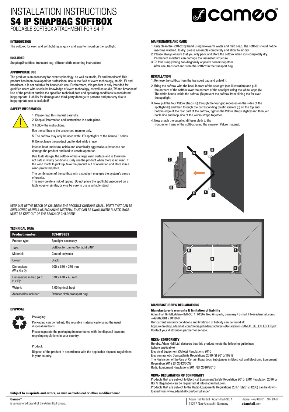 CAMEO S4 IP SNAPBAG SOFTBOX INSTALLATION INSTRUCTIONS Pdf Download