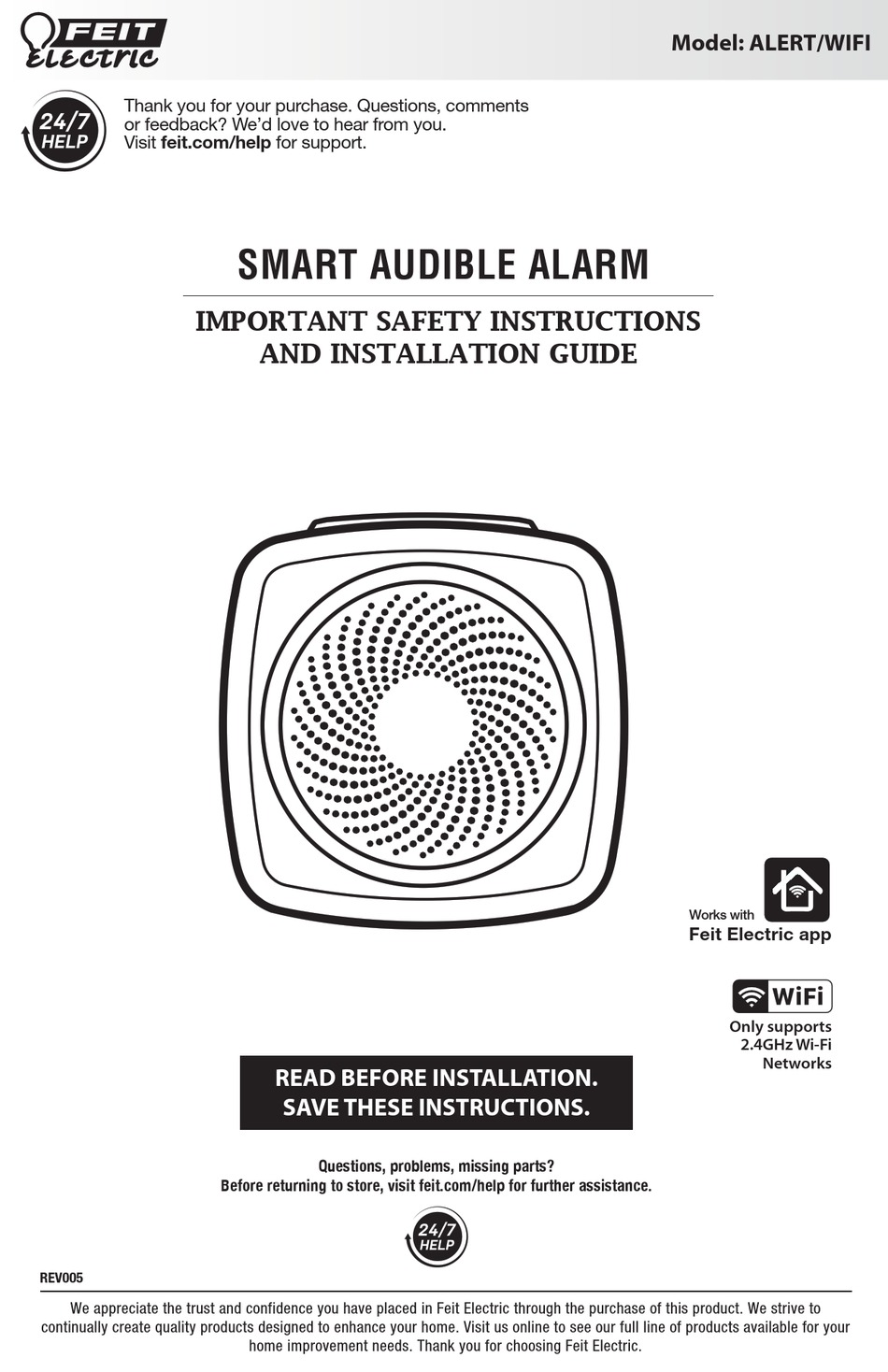 FEIT ELECTRIC ALERT/WIFI IMPORTANT SAFETY INSTRUCTIONS AND INSTALLATION