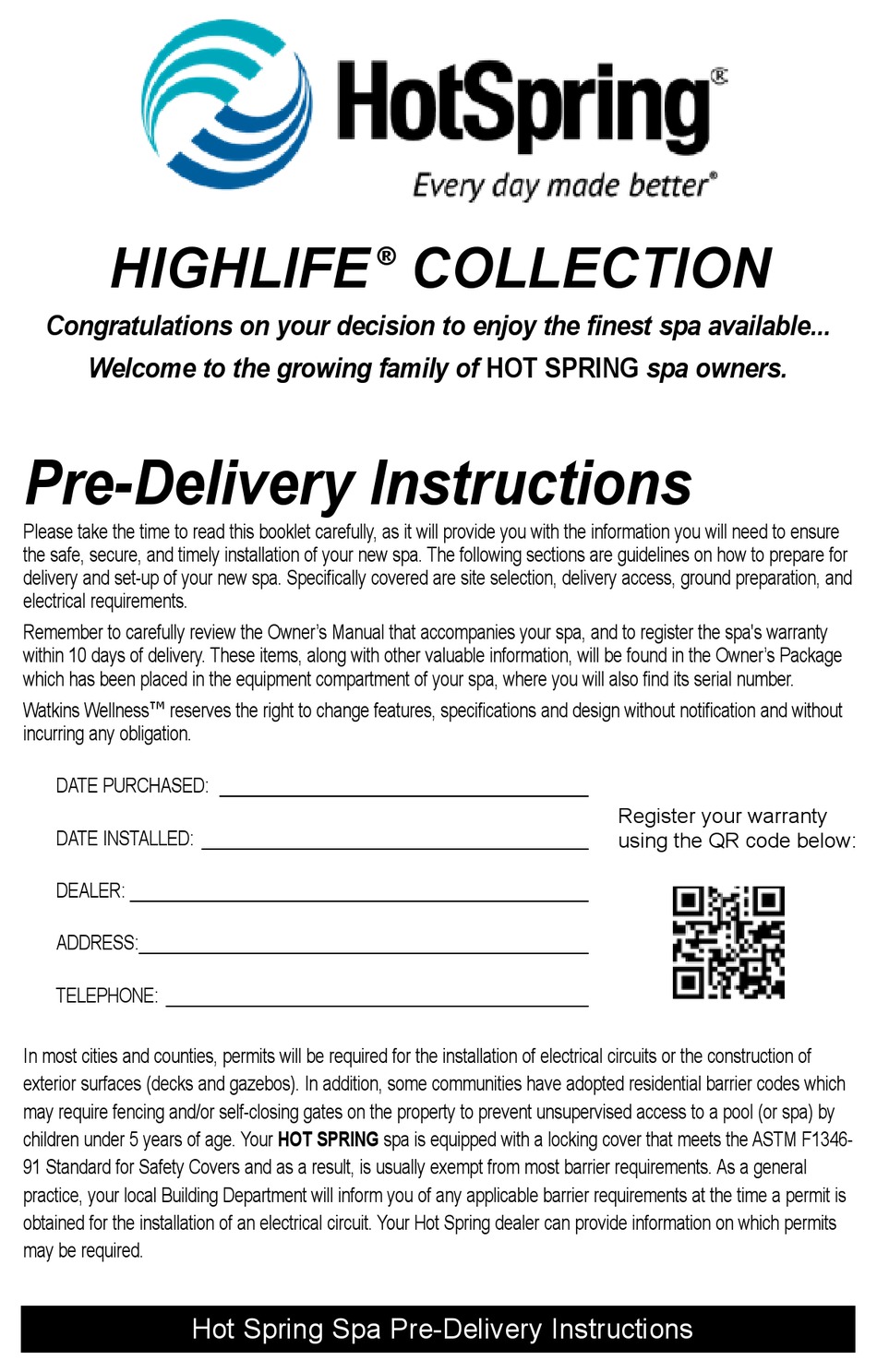 HOTSPRING HIGHLIFE GRANDEE PREDELIVERY INSTRUCTIONS Pdf Download